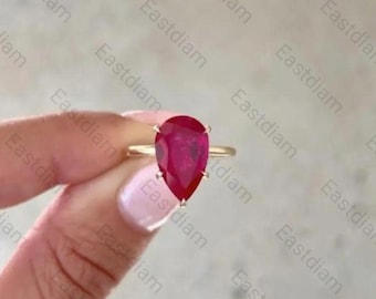 Ruby Engagement Ring, 12x8MM Ruby Teardrop Pear Solitaire Ring, Unique Pink Ruby Gemstone Ring, Diamond Hidden Halo Ring, July Birthstone