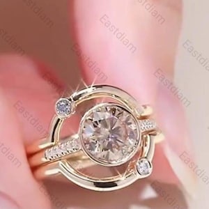 Unique Design Trio Ring Set, Simple Two Curved Band, 2.00 CT Round Cut Moissanite Pave Set Ring, 925 Sterling Silver Bezel Setting Ring Set