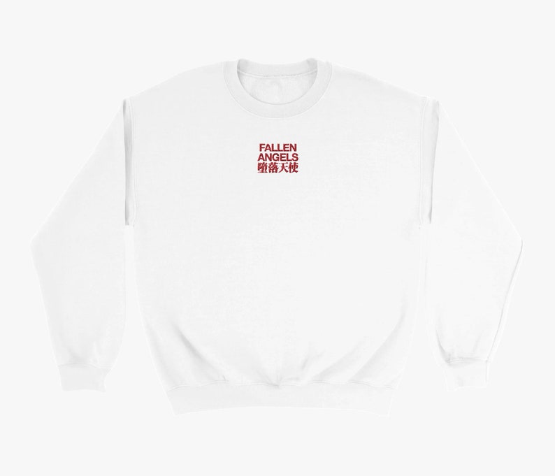 May include: White sweatshirt with red text that reads "FALLEN ANGELS 堕落天使".