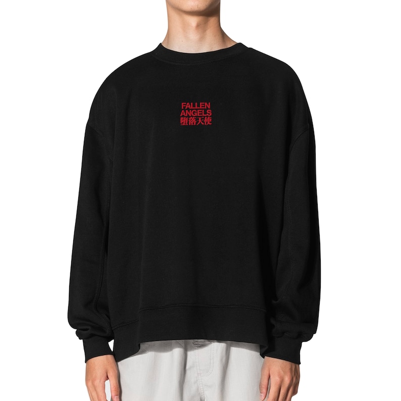 May include: Black sweatshirt with a red embroidered logo that says "Fallen Angels" and "堕落天使" in Chinese characters.
