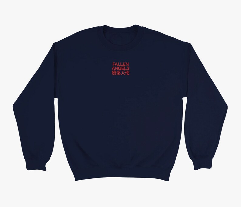 May include: A navy blue sweatshirt with the text "FALLEN ANGELS 堕天使" in red.