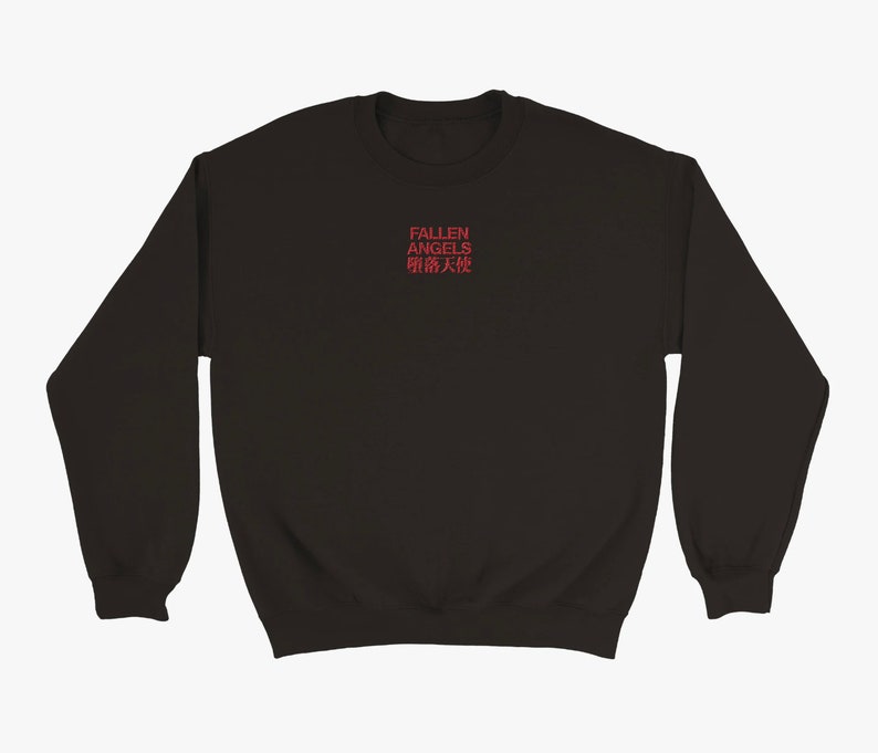 May include: Black sweatshirt with red embroidered text that reads "FALLEN ANGELS 堕落天使".