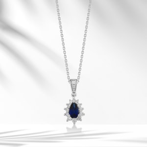 8k/14k/18k Solid Gold Sapphire Diamond Necklace, Pear Cut Diamond Sapphire Necklace, September Birthstone, Minimalist Necklace, Gift for mom