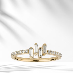 8k/14k/18k Solid Gold Baguette Diamond Ring,Surface Prong Setting,Foresome Baguette,Genuine Handmade,Dainty Petite,Unique Engagement Ring