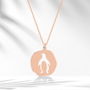 Collana a disco in oro massiccio 8k/14k/18k a forma di pinguino, ciondolo a forma di pinguino, gioielli con animali, regalo delicato per lei, gioielli con animali, regalo per lei