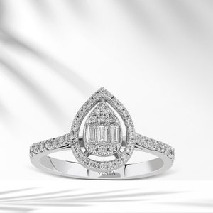 8k/14k/18k Solid Gold Baguette Diamond Ring, Pear Halo Cluster Diamond Ring, Bridal Ring Baguettes & Round Diamonds, Engagement Wedding Ring