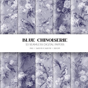 Blue & white chinoiserie, vintage digital papers, bird pattern, blooming garden, seamless background, wedding invitation, 10 printable pngs