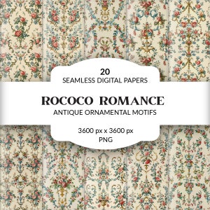 Rococo Digital Papers, Baroque Seamless Patterns, Romantic Vintage Florals, Geometric Floral Motifs, Scrapbooking, Antique French Ornamental