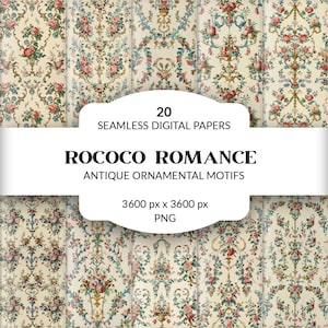 Carte digitali rococò, modelli senza soluzione di continuità barocchi, fiori vintage romantici, motivi floreali geometrici, scrapbooking, ornamenti francesi antichi