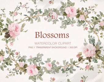 Vintage Rose Watercolor Clipart: Floral Wreath, Art Border (PNGs)