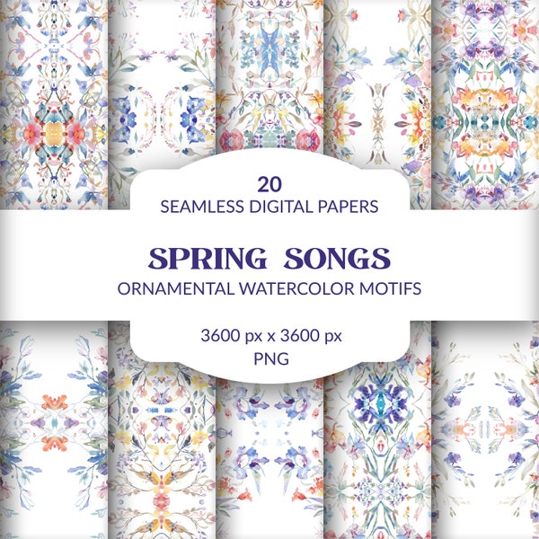 Spring Florals - Watercolor Digital Papers, Arabesque Seamless Paper, Pastel Ornamentals, Floral Motifs, Scrapbooking Stationery Patterns