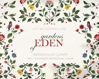 May include: Watercolor clipart featuring a floral design with red, pink, yellow, and blue flowers, green leaves, and small birds. The text "gardens of EDEN" is in the center of the image.