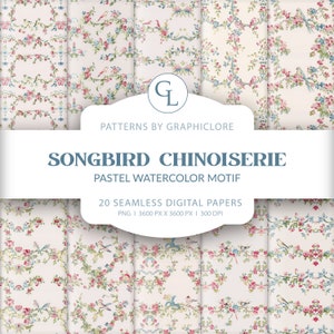 Papéis digitais Toile Art, Pastel Chinoiserie Vintage, Padrão Cottagecore, Fundo caprichoso sem costura, Toile francês, Spring Grandmillenial