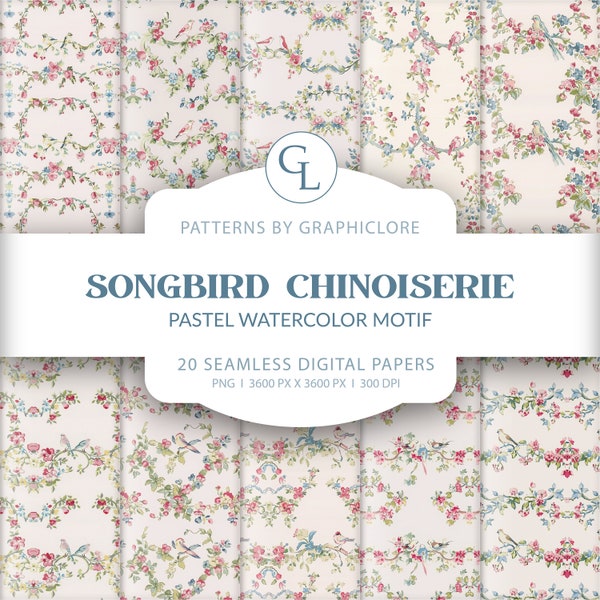 Toile Art Digital Papers, Pastel Chinoiserie Vintage, Cottagecore Pattern, Seamless Whimsical Background, French Toile,Spring Grandmillenial