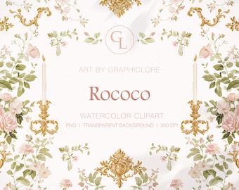 French Rococo Watercolor Clipart: Floral Wreaths, Vintage Botanical Illustrations (PNG)