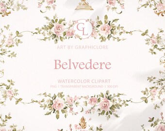 Watercolor Floral Crest Clipart: Art Nouveau Rose Frames (PNG Digital Download)