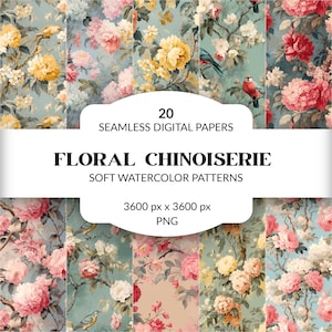 Romantic floral, DIY gift, watercolor floral, seamless patterns, pastel chinoiserie, bird digital paper, botanical backgrounds with birds