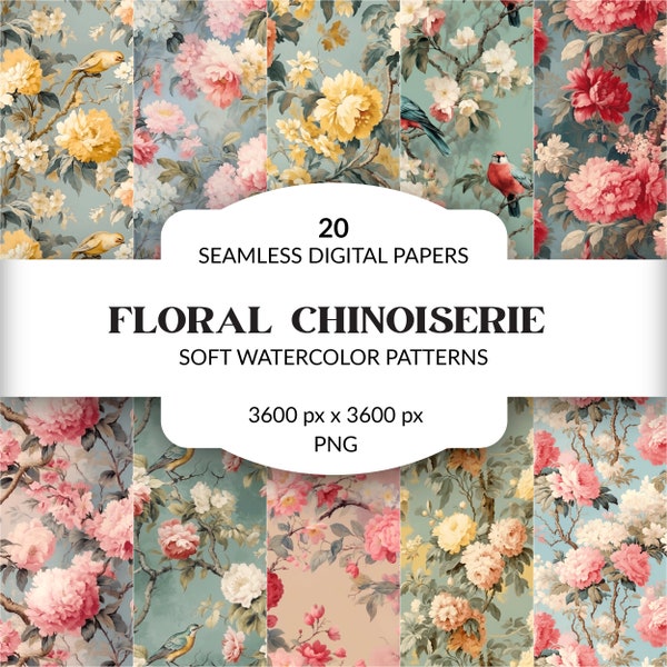 Shabby-chic floral, DIY gift, watercolor floral, seamless patterns, pastel chinoiserie, bird digital paper, botanical backgrounds with birds