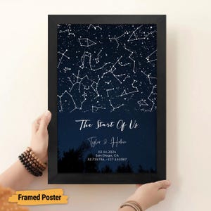 May include: A framed poster with a dark blue background and white stars forming constellations. The text "The Start Of Us" is written in white cursive font, followed by "Tyler & Holen", "02.14.2024", "San Diego, CA", and "32.715736, -117.161087".