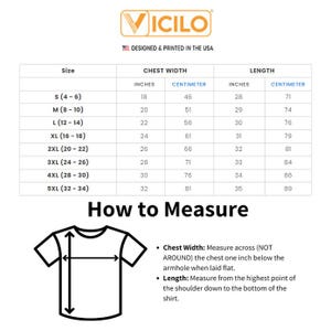 May include: A white chart with size measurements in inches and centimeters for chest width and length. The chart includes sizes S to 5XL. The image also includes a diagram on how to measure a shirt.