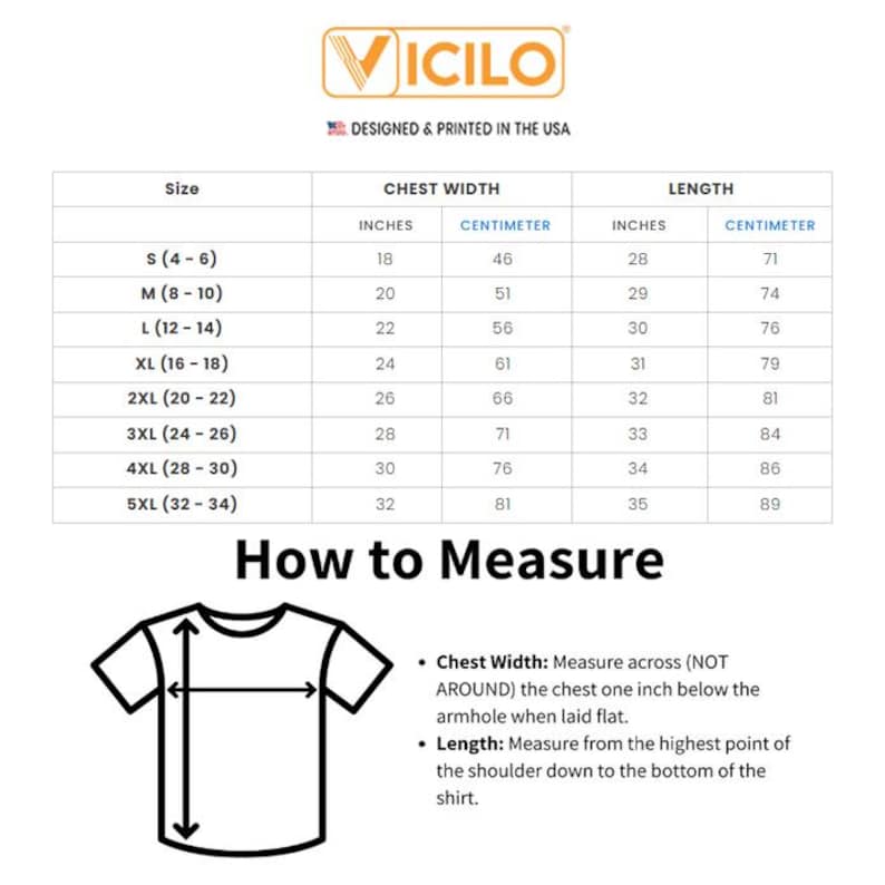 May include: A white chart with size measurements in inches and centimeters for chest width and length. The chart includes sizes S to 5XL. The image also includes a diagram on how to measure a shirt.