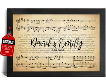 May include: A printable sheet music design with a vintage aesthetic. The sheet music features a musical score with the names "David & Emily" and the date "12.10.2020" printed on it. The design is customizable with song lyrics, a picture, and text.