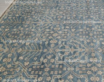 Oushak Area Rug 8x10, Light Blue Ivory Blue Floral Wool Rug,  Rug Hand Knotted Oushak Rug Blue Wool Turkish Floral Anatolian Design