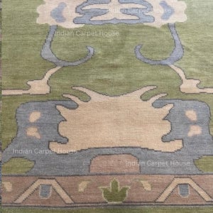 Hand-Knotted Olive Green Oushak Wool Rug: Vintage Turkish Style