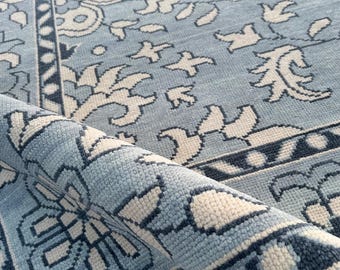 Blue Persian Style Area Rug, Vintage Floral Rug, Traditional Oriental Carpet, Living Room Rug
