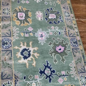 Quick ship Dark Green Oushak Rug with Sage Green & Mauve Accents, 9x12 Hand-Knotted Wool Rug, Modern Floral Turkish Carpet – HandMade Rug