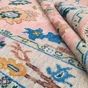 Pink Hand-Knotted Oushak Rug – Turkish Style Wool Area Rug with Multicolor | Vintage Oriental Design | Custom Sizes | rugs