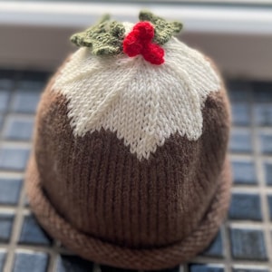 May include: A brown knitted hat shaped like a Christmas pudding with white icing and a green holly sprig with red berries on top.