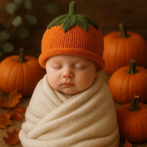 Gorro de calabaza de lana merino tejido a mano: gorro de otoño para bebés y niños pequeños