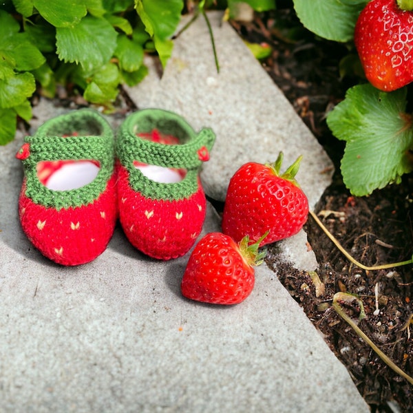 Handmade Strawberry Baby Shoes,  in Fine Merino Yarn, or Pure  Egyptian Cotton, newborn to 3 months - perfect baby gift, summer outfit