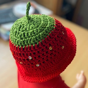 Strawberry Summer Sun hat, hand crocheted in smooth silky cotton yarn, with hand stitched sequins for summer sparkle, sizes: Newborn to 6Y image 3