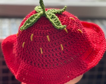 Strawberry Baby Summer Sun hat, hand crocheted in smooth silky cotton yarn, with hand stitched seeds or sequins for summer sparkle, 3-6 mths