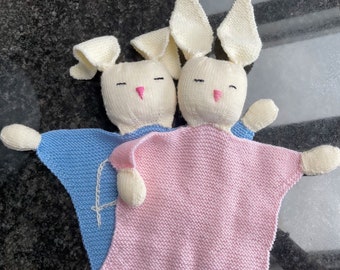 Personalised  Baby Bunny Comforter, Hand Knitted in Pure Fine Merino Wool, name or text of your choice - new baby gift