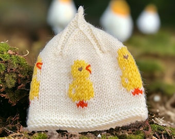 Little Chick Pixie Beanie Hat,  Newborn to 3 Years, hand knitted in Fine Merino undyed, natural soft yarn