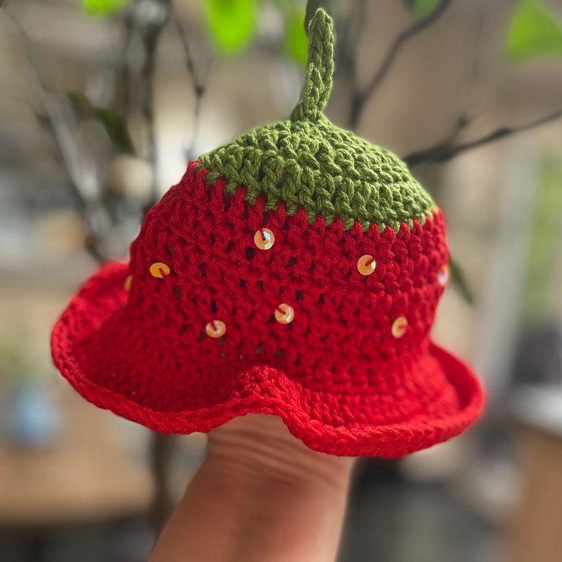 Strawberry Summer Sun hat, hand crocheted in smooth silky cotton yarn, with hand stitched sequins for summer sparkle, sizes: Newborn to 6Y image 1