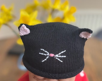 Newborn Hat - Handknitted Kitty Cat Hat in fine merino, 3 colours, Grey, tabby and Black (0-8 years)