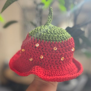 Strawberry Summer Sun hat, hand crocheted in smooth silky cotton yarn, with hand stitched sequins for summer sparkle, sizes: Newborn to 6Y image 2