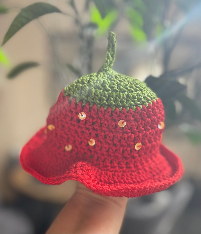 Strawberry Summer Sun hat, hand crocheted in smooth silky cotton yarn, with hand stitched sequins for summer sparkle, sizes: Newborn to 6Y image 2