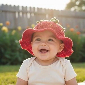 Crocheted Strawberry Baby Sun Hat: Organic Cotton, Personalised