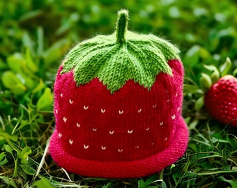 Strawberry Beanie Muts, handgebreid van fijne merinowol, of puur katoen, pasgeboren baby tot 8 jaar