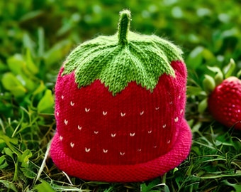 Strawberry Beanie Hat, hand knitted in fine merino wool, or Pure Cotton,  newborn baby to 8 years