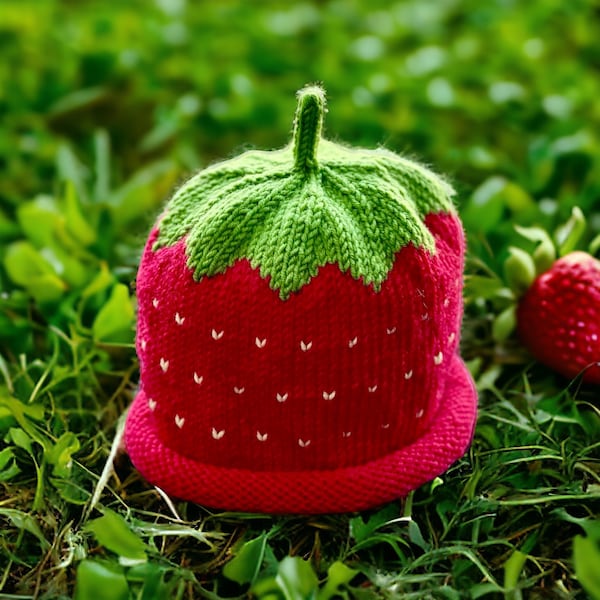 Erdbeer Beanie Mütze, handgestrickt aus feiner Merinowolle, oder reiner Baumwolle, Neugeborene Baby bis 8 Jahre