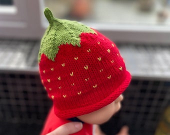 Strawberry Beanie Hat, hand knitted in fine merino wool, or Pure Cotton,  newborn baby to 8 years