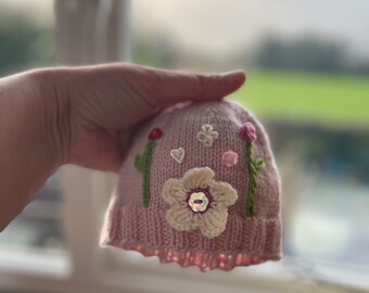 Newborn to Adult Beanie  Hat - Hand Knitted, Crochet  flower, with embroidery and  cute buttons,  in Pure Fine Merino