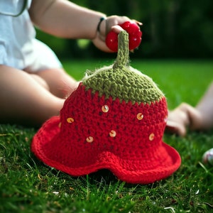 Strawberry Summer Sun hat, hand crocheted in smooth silky cotton yarn, with hand stitched sequins for summer sparkle, sizes: Newborn to 6Y image 4