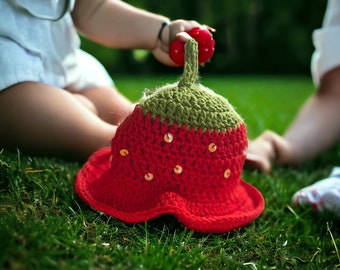 Strawberry sun hat, hand crocheted in smooth silky cotton yarn, with hand stitched sequins for summer sparkle, sizes: Newborn to 6 Years